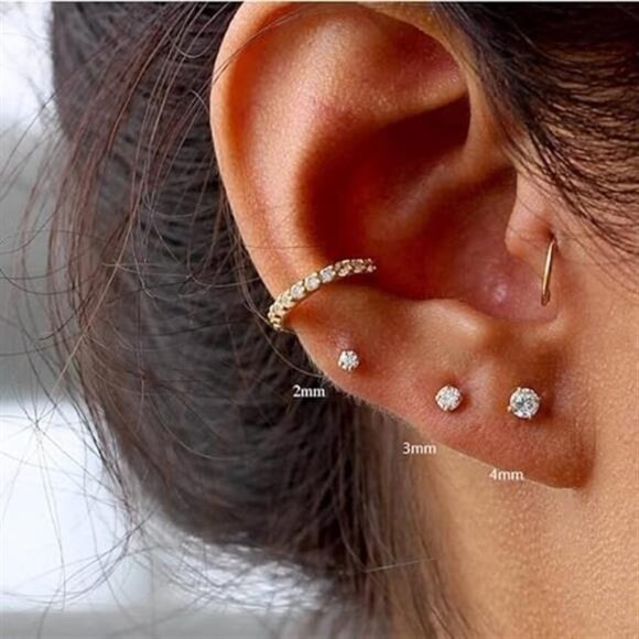 3mm Tiny CZ Screw on FlatBack Stud Earrings,Gold Plated Flat Back Cubic Zirconia - Picture 5 of 8